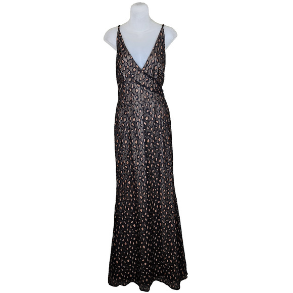 Dress the Population Helen Dress Black Tan Lace Trumpet Gown Maxi Leopard Size L - Picture 4 of 15